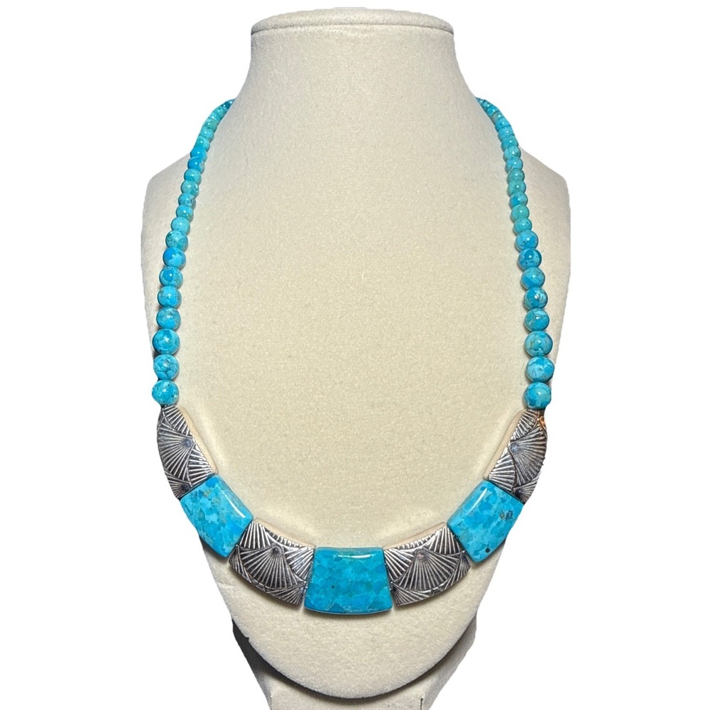 Jay King Turquoise & Sterling Silver Statement Bib Necklace Beaded Detail J13-7